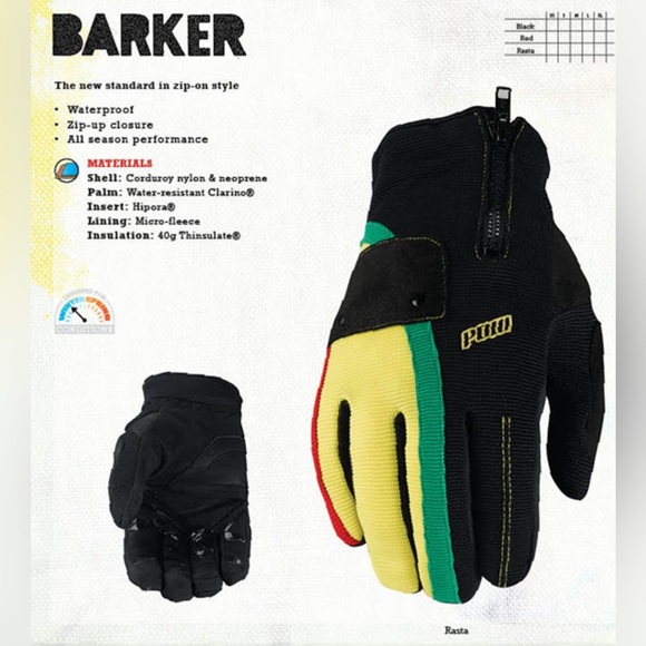 Pow Barker ski Gloves Rasta 40 grams of 3M™ Thinsulate™ insulation water-proof - Picture 3 of 11